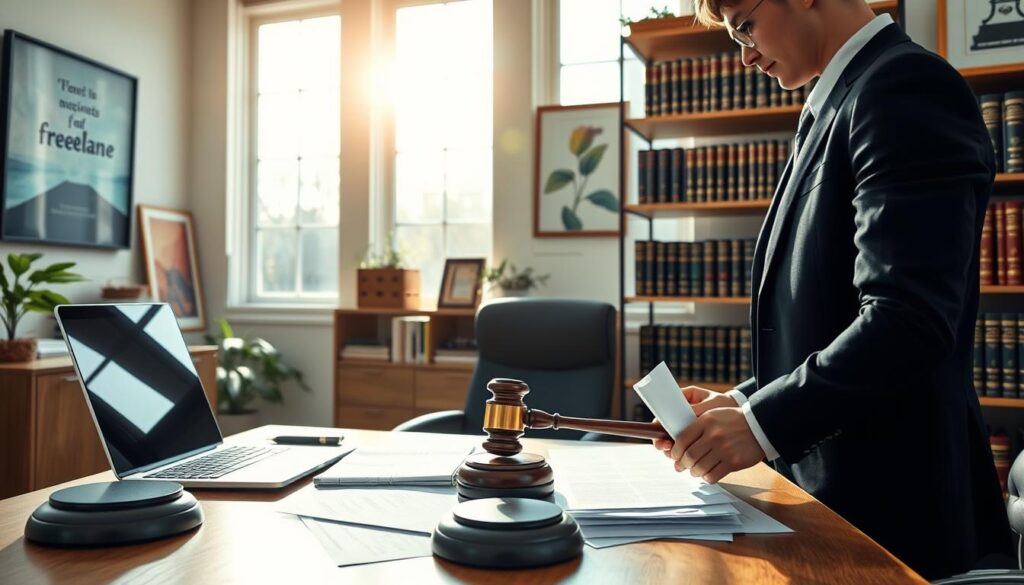 A bright, airy office setting featuring a desk with a laptop, legal documents, and a gavel, representing the legal aspects of freelance work. The walls are adorned with inspirational artwork and shelves filled with law books, creating an atmosphere of professionalism and attention to detail. Natural light streams in through large windows, casting a warm glow on the scene. In the foreground, a person in business attire is reviewing paperwork, symbolizing the importance of understanding and adhering to legal requirements for independent work. The overall mood is one of diligence, responsibility, and the pursuit of a successful and independent career.