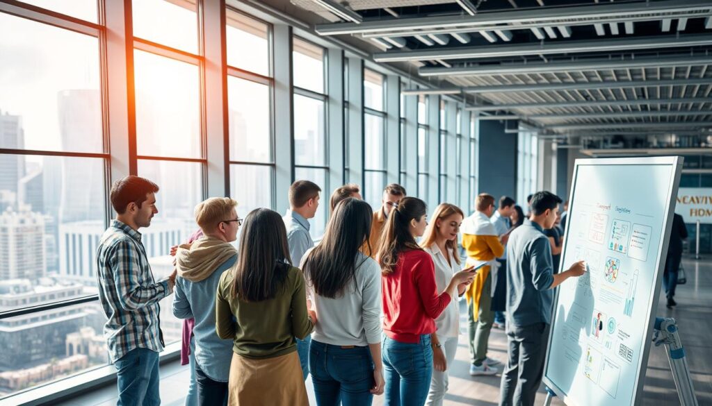A bustling corporate environment, showcasing innovative solutions and collaborative spirit. In the foreground, a team of diverse employees huddled around a digital whiteboard, brainstorming new ideas. Vibrant colors and dynamic gestures capture the energy of their ideation process. In the middle ground, a sleek, modern office space with floor-to-ceiling windows, allowing natural light to flood the area. Employees engage in lively discussions, exchanging insights and sketching prototypes. In the background, a cityscape of towering skyscrapers and futuristic architecture, representing the larger ecosystem of innovation. The scene conveys a sense of progress, adaptability, and a forward-thinking corporate culture.