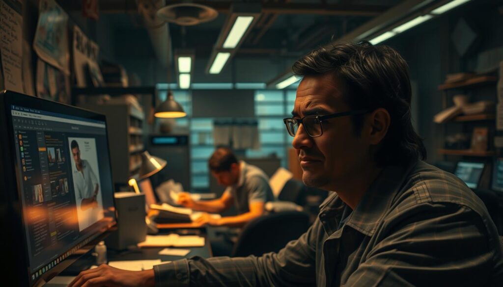 A bustling online marketplace, with various obstacles and pitfalls hindering smooth transactions. In the foreground, a disgruntled customer navigates a confusing website interface, their expression conveying frustration. In the middle ground, a harried merchant struggles to keep up with orders, their workspace cluttered with paperwork and technology. In the background, a dimly lit office space, with outdated systems and a lack of organization contributing to the overall sense of chaos. The scene is bathed in a warm, muted color palette, evoking a sense of the challenges inherent in e-commerce. Dramatic lighting casts dramatic shadows, emphasizing the tension and difficulties encountered in this digital landscape.