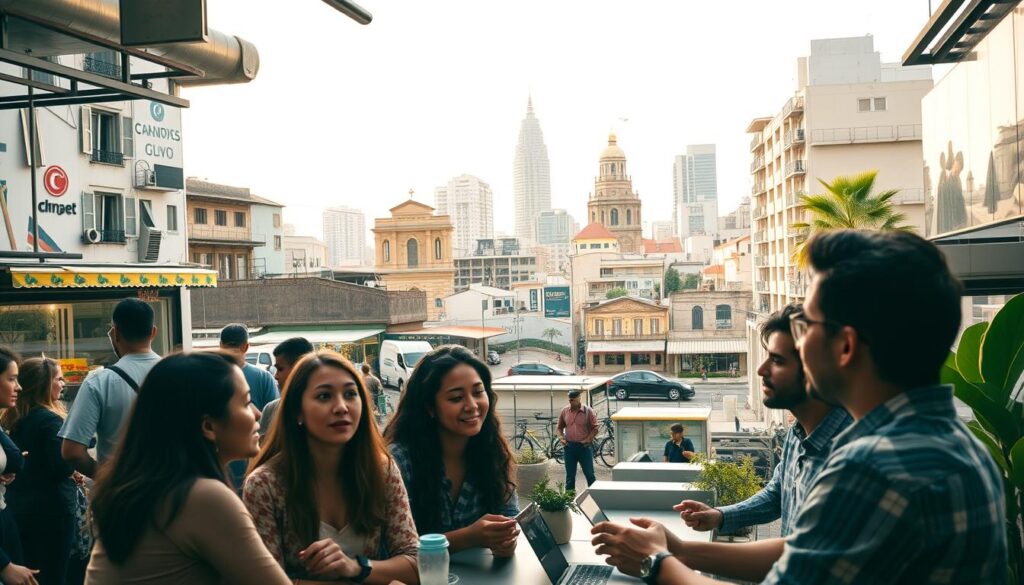 A bustling urban landscape in Brazil, showcasing the vibrant entrepreneurial spirit. In the foreground, a diverse group of entrepreneurs collaborating in a modern co-working space, their faces animated with determination. The middle ground features various small businesses thriving, from a local street food stall to a sleek tech startup office. In the background, the iconic architecture of Brazilian cities rises, a blend of colonial and contemporary styles. Warm, natural lighting filters through the windows, casting a hopeful glow over the scene. The overall atmosphere conveys a sense of innovation, community, and the boundless potential of Brazilian entrepreneurship.
