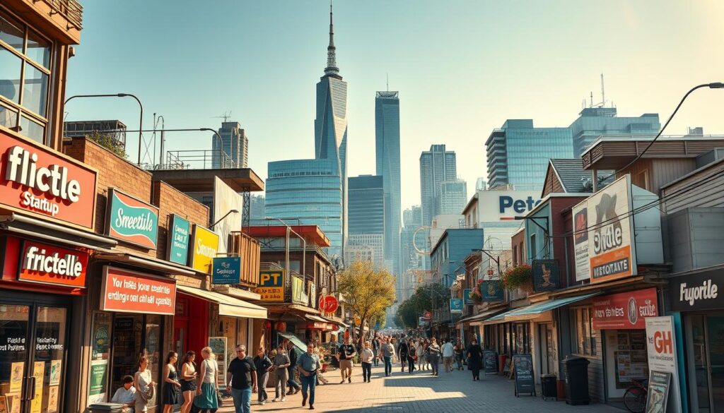 A bustling urban scene, with a vibrant and dynamic atmosphere. In the foreground, a diverse array of small businesses and startups, each showcasing their unique and innovative offerings. Vibrant storefronts, colorful signage, and people bustling in and out, creating a sense of energy and optimism. In the middle ground, modern office buildings and co-working spaces, where entrepreneurs collaborate and brainstorm new ideas. The background features a towering skyline, reflecting the growth and potential of these small, innovative enterprises. Warm, natural lighting illuminates the scene, casting a hopeful glow over the entire composition. The overall mood is one of entrepreneurial spirit, creativity, and the endless possibilities of small business innovation.