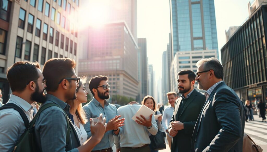 A bustling urban street, with towering skyscrapers in the background casting long shadows. In the foreground, a group of diverse entrepreneurs engaged in lively discussions, gesturing animatedly as they brainstorm ideas. Bright sunlight filters through the scene, illuminating the faces of the businesspeople as they explore new business opportunities. The atmosphere is one of energy, innovation, and the promise of growth, with the city skyline serving as a backdrop to their ambitious plans.