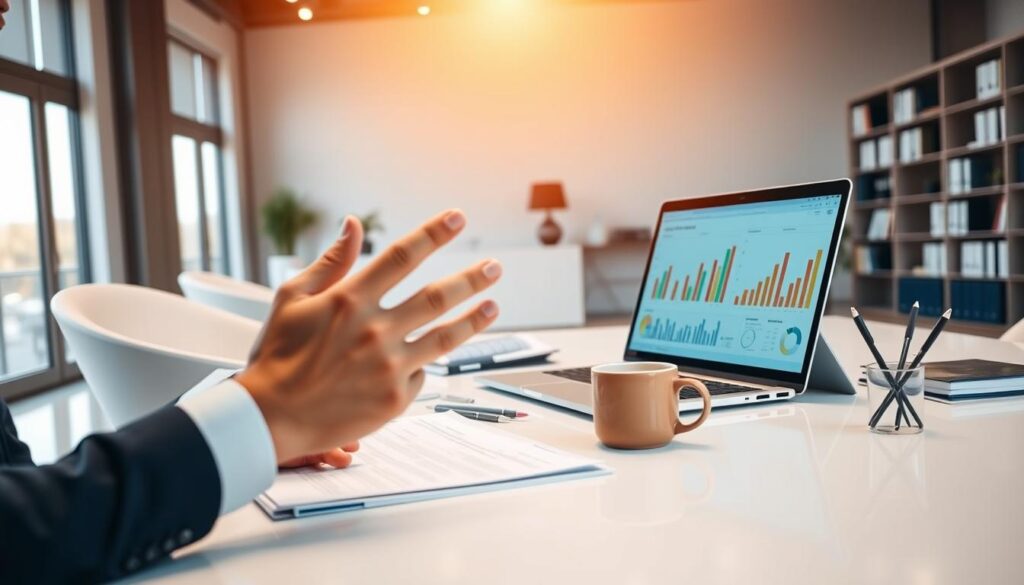A corporate consultant reviewing financial reports and sales data on a sleek, modern desk. In the foreground, their hands gesture towards a laptop screen displaying charts and graphs. The middle ground features an array of office supplies, a mug of coffee, and a pen holder. The background is a minimalist office setting with tall windows, bookshelves, and neutral-toned decor, bathed in warm, directional lighting from an unseen source. The overall atmosphere conveys a sense of focused professionalism and strategic decision-making.