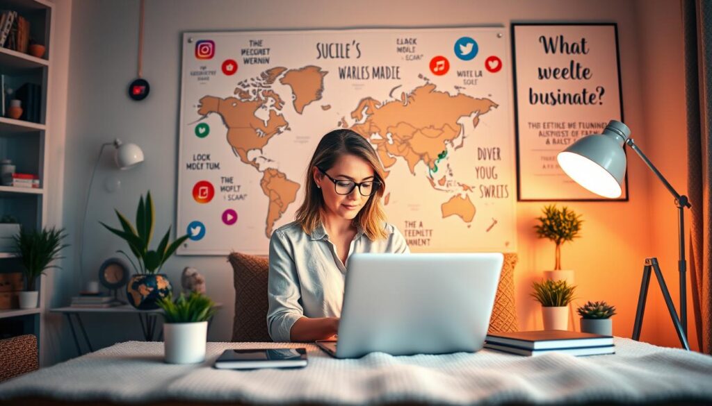 A cozy home office setting with a businesswoman, surrounded by vibrant social media icons and symbols. The scene is bathed in warm, soft lighting, with a minimalist, Scandinavian-inspired aesthetic. The woman is intently focused on her laptop, strategizing social media marketing tactics to drive online sales. In the background, a large world map and inspirational quotes hint at the global, entrepreneurial nature of her endeavors. The overall mood is one of productivity, determination, and the empowering potential of digital tools for female business owners.