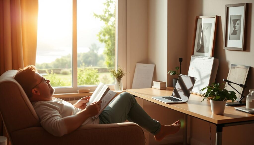A cozy home office with a desk, laptop, and potted plant set against a warm, sun-filled window. In the foreground, a person relaxes on a comfortable armchair, balancing a cup of coffee while reading a book. The middle ground features a well-organized workspace, with a calendar, framed artwork, and a small houseplant. The background depicts a tranquil outdoor scene, with lush greenery and a serene lake or garden, conveying a sense of harmony between the personal and professional spheres. Soft, natural lighting filters through the window, creating a calming, rejuvenating atmosphere.