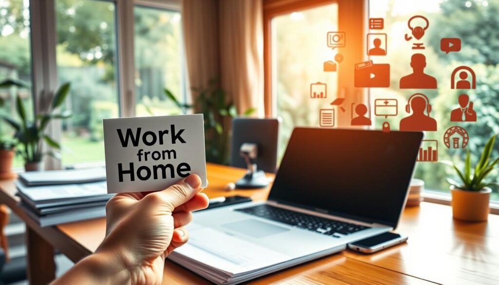 A cozy home office with a laptop, smartphone, and stacks of documents on a wooden desk, bathed in warm, natural lighting from a large window overlooking a serene garden. In the foreground, a hand holds a "Work from Home" sign, symbolizing the opportunities for remote work. The middle ground features various job search websites and online job boards displayed on the laptop screen. The background showcases a collage of remote job icons, including a laptop, headset, and virtual meeting silhouettes, creating an atmosphere of interconnectivity and flexibility.
