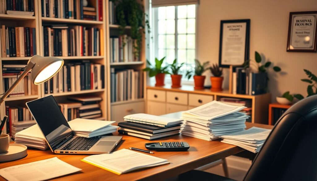 A cozy home office with a neatly organized desk, featuring a laptop, calculator, and stacks of paperwork. Warm, diffused lighting creates a productive and inviting atmosphere. In the background, bookshelves filled with accounting and finance resources. Potted plants and a framed certificate on the wall add a touch of professionalism. The scene conveys the importance of proper bookkeeping and financial management for small businesses, supporting the article's focus on entrepreneurship and business growth.