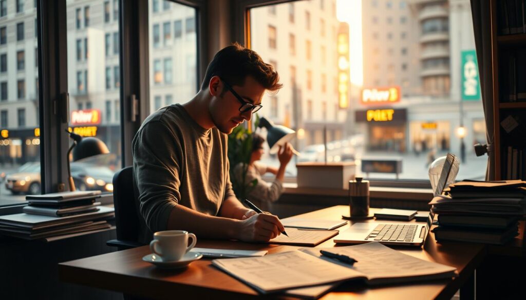 A cozy home office with a writer's desk, a laptop, and a stack of papers. Warm lighting casts a soft glow, and a large window overlooking a bustling city street provides inspiration. On the desk, a cup of coffee steams, and a pen rests next to a notebook filled with scribbles. The writer, dressed in casual, comfortable attire, leans forward, deep in concentration, crafting words that will captivate their audience. The atmosphere is one of focused productivity, with a touch of urban sophistication.