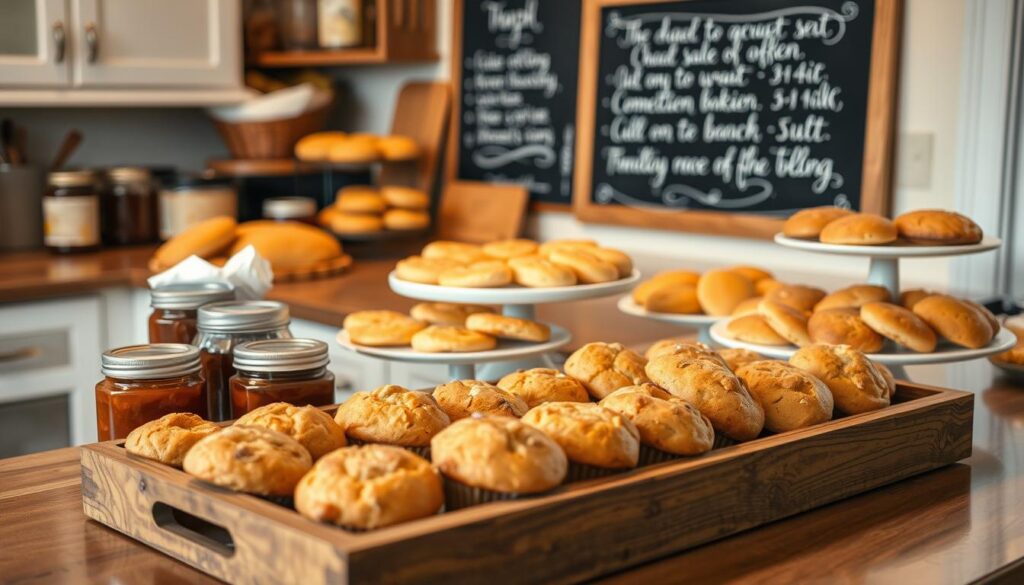A cozy kitchen counter showcases an artful display of homemade treats. In the foreground, a rustic wooden tray holds an assortment of freshly baked breads, muffins, and jars of preserves. The middle ground features neatly arranged platters of cookies, scones, and other baked goods, their golden crusts glistening under soft, warm lighting. In the background, a wall-mounted chalkboard lists the day's offerings in elegant calligraphy. The overall scene evokes a sense of homespun charm and the comforting aroma of a neighborhood bake sale.