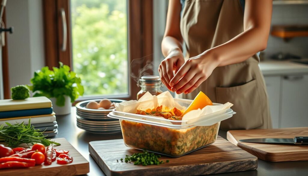 A cozy kitchen setting with a warm, homemade meal being carefully packaged for delivery. In the foreground, a woman in an apron tenderly places a steaming hot dish into a reusable food container. The middle ground features neatly stacked ingredients, freshly chopped herbs, and a cutting board with the remnants of meal preparation. In the background, a window overlooking a lush, verdant garden casts a soft, natural light, evoking a sense of wholesomeness and authenticity. The overall atmosphere is one of care, attention to detail, and the comforting aroma of a homemade meal ready to be shared.