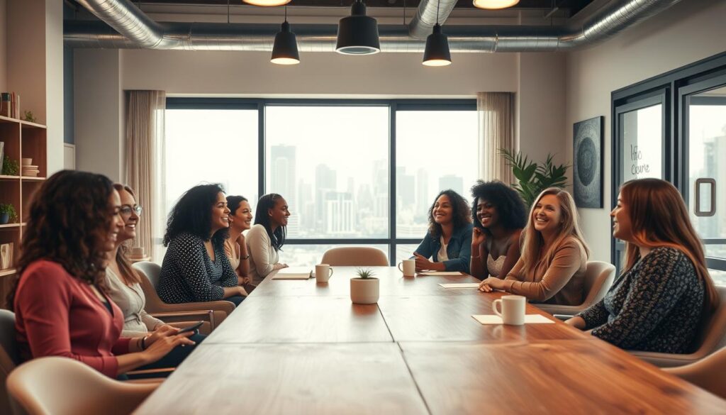 A cozy, well-lit office space with a warm, inviting atmosphere. In the foreground, a group of diverse female entrepreneurs engaged in a lively discussion, their faces alight with enthusiasm and camaraderie. In the middle ground, a large, wooden conference table serves as the focal point, surrounded by comfortable chairs and subtle decor elements that suggest a sense of community and collaboration. The background features a large window overlooking a bustling city skyline, casting a soft, natural light onto the scene. The overall composition conveys a strong sense of support, connection, and a shared mission to empower and uplift one another on their entrepreneurial journeys.