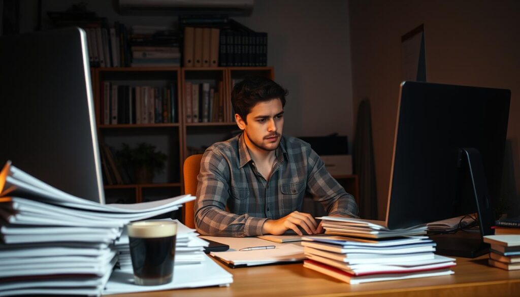 A dimly lit office space, with a lone freelancer navigating the challenges of autonomous work. In the foreground, a desktop computer, stacks of documents, and a cup of coffee convey the intensity of the workload. The middle ground features a pensive freelancer, hands on the keyboard, brow furrowed as they tackle various tasks. In the background, shelves filled with reference materials and a calendar on the wall hint at the organizational demands of self-employment. Soft, warm lighting casts shadows, creating a sense of focus and determination. The atmosphere is one of quiet contemplation, reflecting the unique pressures and responsibilities of the autonomous professional.