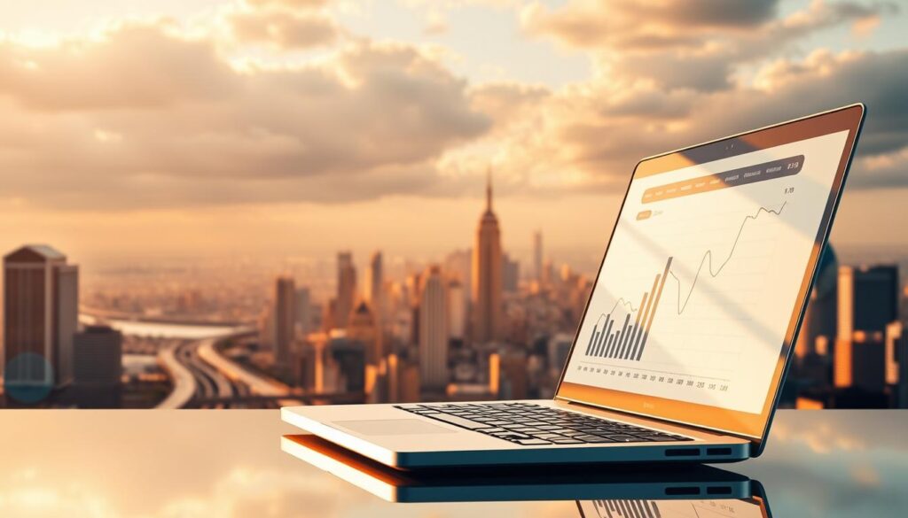 A dynamic and vibrant digital landscape, showcasing the alluring advantages of online sales. In the foreground, a gleaming laptop displays a sleek e-commerce interface, inviting the viewer to explore the possibilities of selling on the internet. The middle ground features a stylized graph or chart, visually highlighting the growth potential and competitive edge of internet-based commerce. In the background, a panoramic view of a bustling city skyline, symbolizing the global reach and 24/7 accessibility of online sales channels. Warm, golden lighting casts a sense of opportunity and prosperity, while a crisp, high-definition lens captures the scene with a sense of clarity and professionalism.