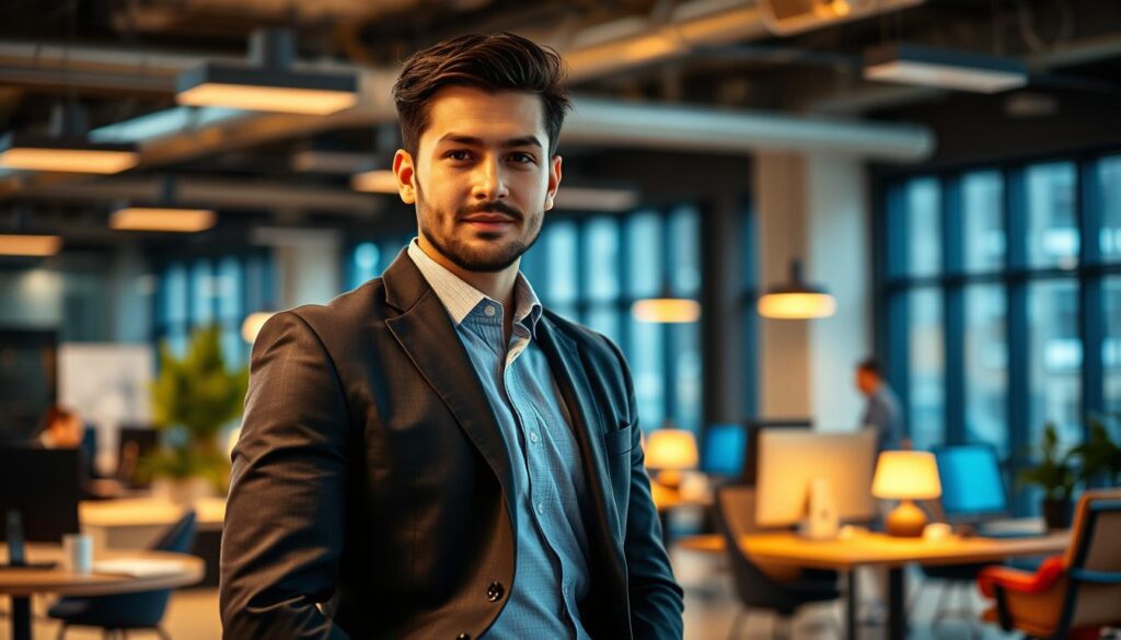 A dynamic entrepreneur, standing confidently against a backdrop of a modern office space. Warm, directional lighting illuminates their focused expression, capturing their determination and drive. The subject's attire, a well-tailored suit, conveys a sense of professionalism and success. The office environment, filled with sleek furniture and technology, suggests a thriving, innovative workspace. The overall composition emphasizes the entrepreneur's poise, adaptability, and commitment to turning ideas into thriving businesses.