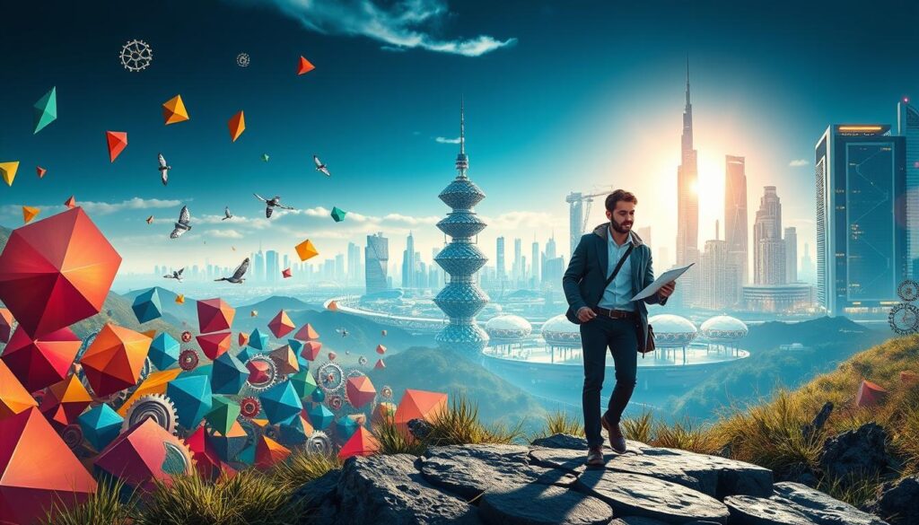 A dynamic interplay between innovation and entrepreneurship, captured in a vibrant landscape. In the foreground, a bold entrepreneur navigates the path of discovery, sketching ideas and prototypes with a sense of determined optimism. Surrounding them, a kaleidoscope of shapes and colors represents the innovative process - fluid, dynamic, and full of potential. The middle ground features a network of interconnected gears, symbolizing the intricate mechanisms that drive progress and transform vision into reality. In the background, a futuristic cityscape emerges, its gleaming towers and pulsing energy reflecting the transformative power of the entrepreneurial spirit fueled by innovation. Dramatic lighting casts dramatic shadows, evoking a sense of momentum and transformation.