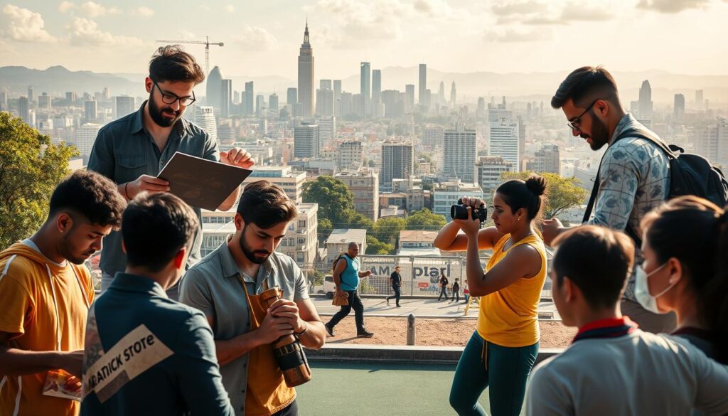 A dynamic scene depicting various independent professions in Brazil. In the foreground, a diverse group of self-employed individuals, each engaged in their craft - a graphic designer crafting a digital illustration, a carpenter skillfully shaping wood, a personal trainer leading an outdoor fitness session. In the middle ground, a bustling urban landscape with small businesses and independent service providers, such as a freelance photographer, a web developer, and a handyman. The background showcases the vibrant, sun-drenched cityscape, with iconic landmarks and a sense of energy and opportunity. The lighting is warm and natural, capturing the entrepreneurial spirit and the freedom of autonomous work. The composition emphasizes the variety and flexibility of independent professions in Brazil.