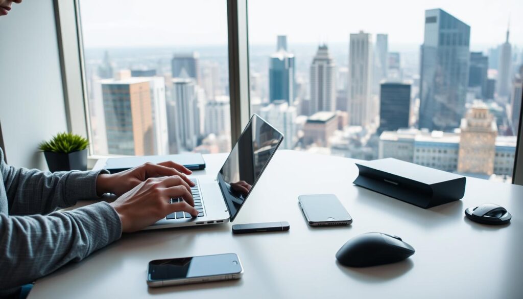 A freelancer working diligently at a modern, minimalist desk. In the foreground, their hands typing rapidly on a sleek laptop, coffee mug nearby. The middle ground showcases an array of digital devices - a tablet, smartphone, and wireless mouse - symbolizing the versatile tools of the freelance trade. The background features a large window overlooking a bustling city skyline, the bright natural light casting a warm, productive glow. The scene conveys a sense of focus, efficiency, and the flexibility of a freelance lifestyle.