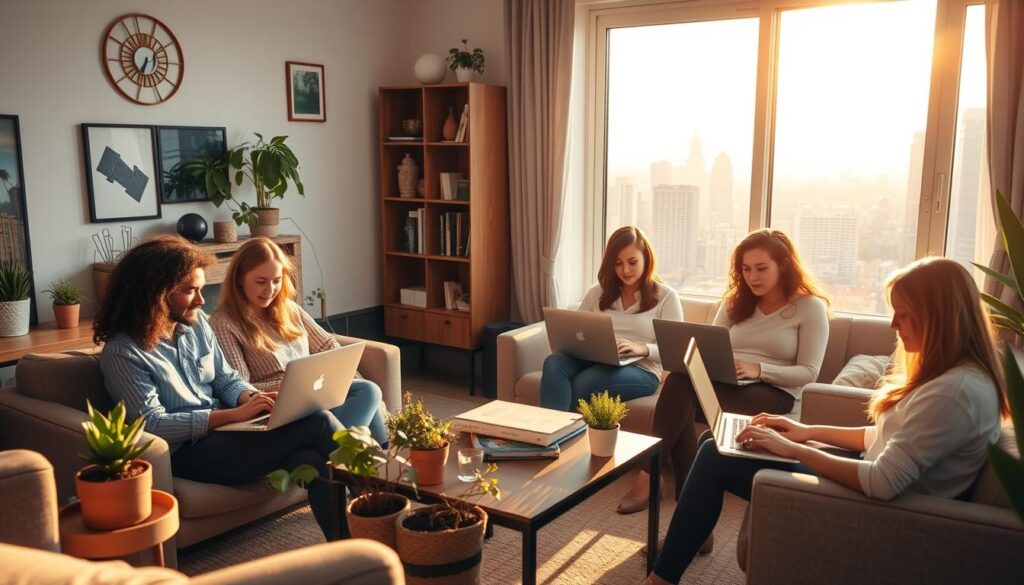 A group of freelancers working diligently at their laptops in a cozy, well-lit home office. The middle ground features a mixture of modern and vintage furniture, potted plants, and personal decorations, creating a warm, focused atmosphere. In the background, a large window overlooks a bustling city skyline, bathed in the golden glow of the afternoon sun. The freelancers, dressed casually yet professionally, are immersed in their tasks, their expressions reflecting a sense of determination and fulfillment. The scene captures the essence of the freelance lifestyle - the freedom to work on your own terms, the flexibility to balance work and life, and the satisfaction of building a career around your passions.