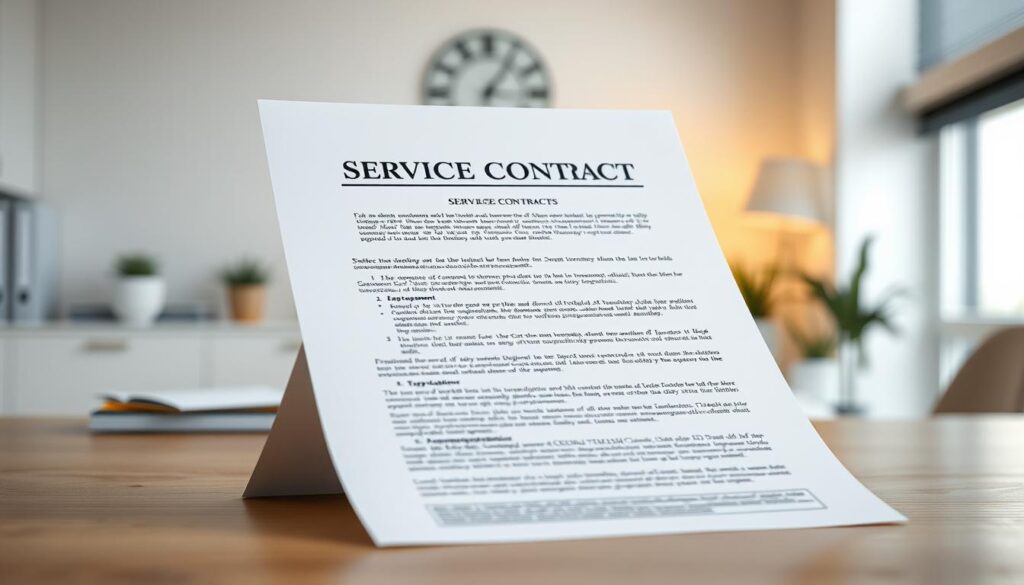 A high-quality contract document with a formal, professional appearance. The contract is the central focus, positioned in the middle ground, backlit by a soft, warm light. The background is a clean, neutral workspace with minimalist decor, suggesting an office or study setting. The contract is rendered in crisp detail, with clear typography and carefully formatted sections. The overall mood is one of organization, precision, and legal authority, conveying the seriousness and importance of a service contract.