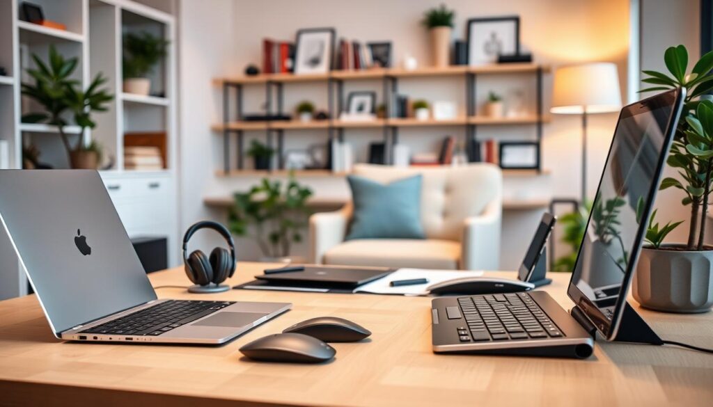 A meticulously designed home office setting, showcasing the essential skills for thriving in a remote work environment. In the foreground, a desk with a sleek laptop, ergonomic mouse, and a compact yet powerful wireless keyboard. The middle ground features an array of productivity-boosting accessories, such as a noise-cancelling headset, a stylish desk organizer, and a plant adding a touch of nature. The background is a warm, cozy home interior with soft lighting, a comfortable chair, and shelves displaying books and inspirational decor, creating an atmosphere of focus and tranquility. The overall scene conveys a sense of professionalism, efficiency, and the ability to maintain a healthy work-life balance in a remote setting.
