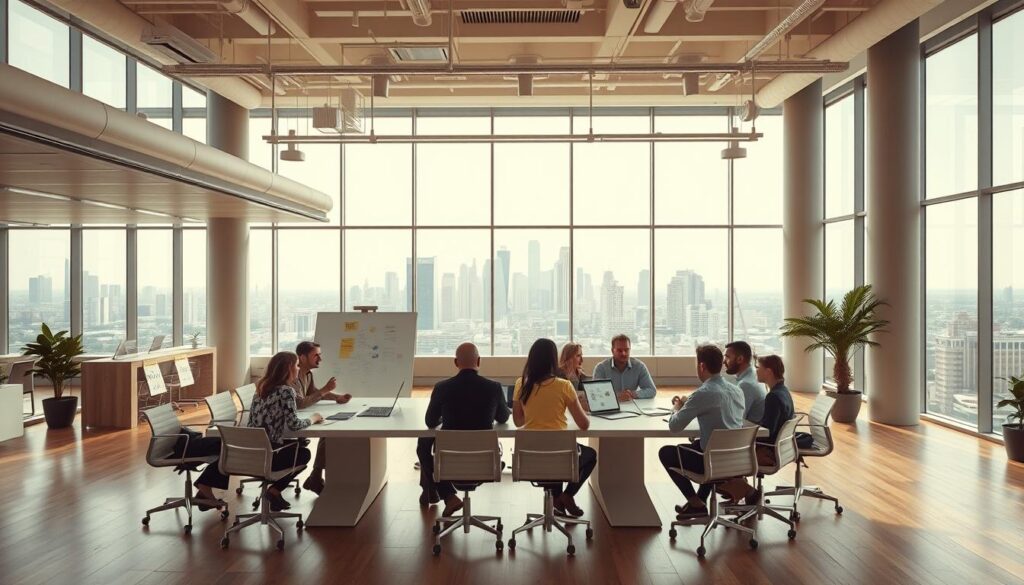 A modern, airy corporate office with an open floor plan and abundant natural light. In the foreground, a group of employees collaborating at a sleek, minimalist conference table, engaged in animated discussion and brainstorming. Their body language exudes energy and creativity. The middle ground features a central innovation hub, with whiteboards, sticky notes, and interactive displays, showcasing the latest ideas and prototypes. In the background, a panoramic view of a bustling city skyline, symbolizing the dynamic, forward-thinking environment. Warm, muted tones evoke a sense of productivity and inspiration. Overall, the scene conveys a vibrant, innovative corporate culture that empowers its workforce.