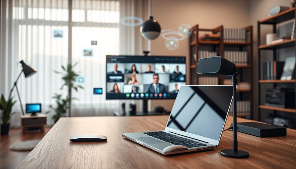 A modern home office setup with a variety of remote work technologies. In the foreground, a sleek laptop, wireless keyboard and mouse, and a high-quality webcam are neatly arranged on a minimalist wooden desk. In the middle ground, a large monitor displays a virtual meeting, with remote colleagues visible through the glass window. The background features floating holographic interfaces, smart home devices, and a bookshelf filled with tech manuals. Soft, indirect lighting creates a warm, focused atmosphere, while the overall scene conveys a sense of efficiency and productivity for the remote work lifestyle.