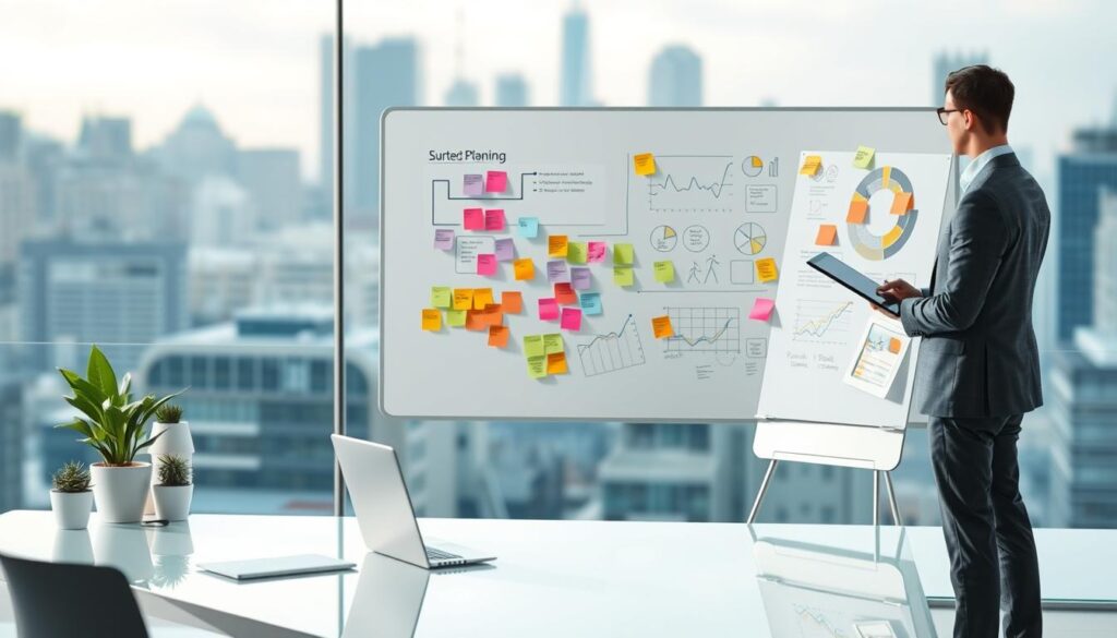 A modern, minimalist illustration of strategic business planning. In the foreground, a businessperson stands confidently, holding a tablet and surveying a neatly organized workspace with a clean, glass table, potted plants, and a laptop. The middle ground features a large whiteboard with colorful sticky notes, diagrams, and charts, conveying the process of strategic analysis and decision-making. The background is a serene, blurred cityscape, suggesting a professional, urban environment. The lighting is soft and diffused, creating a calm, focused atmosphere. The overall mood is one of thoughtful, deliberate planning towards entrepreneurial success.