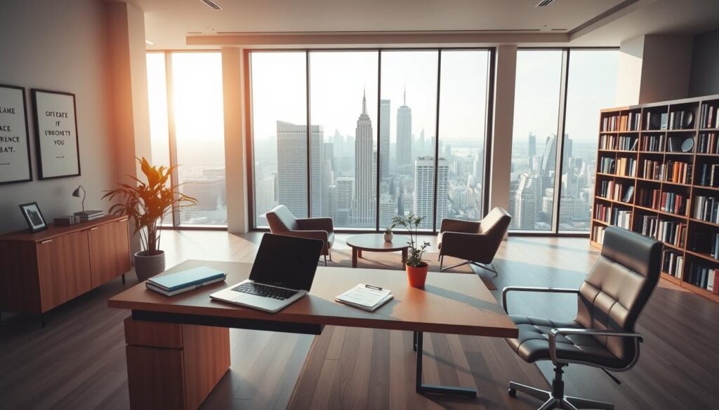 A modern, minimalist office interior with a bright, open layout. In the foreground, a well-designed, wooden desk with a laptop, paperwork, and a small potted plant. Behind it, a large, floor-to-ceiling window overlooking a bustling city skyline, bathed in warm, natural lighting. On the walls, simple, framed artwork and motivational quotes. In the middle ground, a comfortable seating area with sleek, leather chairs and a low coffee table. In the background, bookcases filled with business-related books and resources. The overall atmosphere is professional, productive, and inspiring, conveying the idea of starting a new business venture.