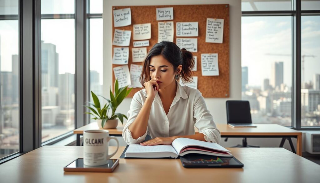 A modern, minimalist office setting with natural lighting streaming through large windows. In the foreground, a female entrepreneur sits at a desk, deep in contemplation, her hand resting on a journal. Behind her, a cork board displays a collage of inspirational notes, goal-setting checklists, and motivational quotes. The middle ground features a potted plant, a mug of coffee, and a tablet displaying a graph or chart, symbolizing the pursuit of personal and professional growth. The background showcases a cityscape view, hinting at the entrepreneur's ambition and drive to succeed. The overall mood is one of focused determination, introspection, and a sense of empowerment.