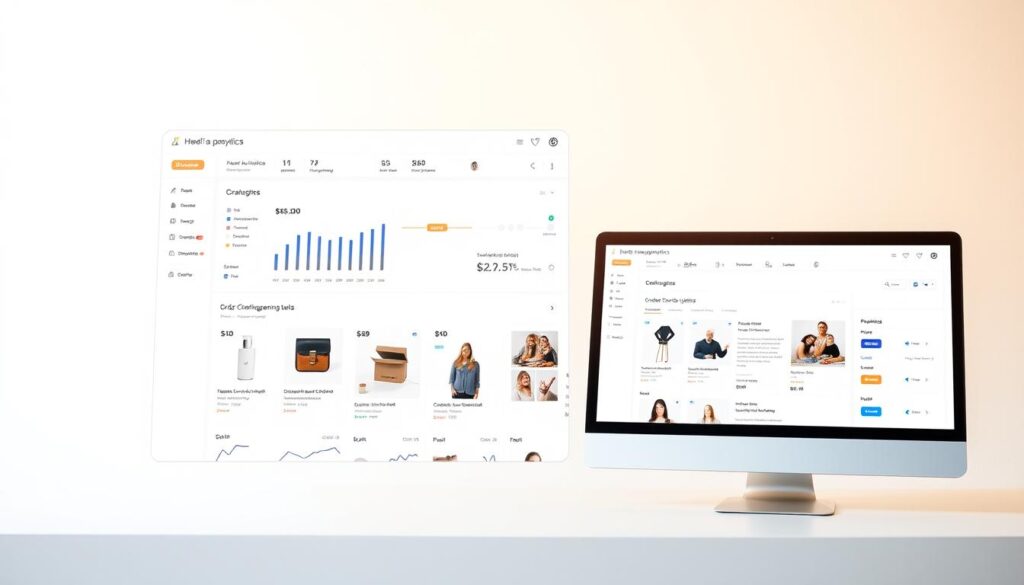 A modern, minimalist online sales platform set against a clean, bright background. In the foreground, a sleek, intuitive dashboard displays detailed sales analytics and order management tools. The middle ground features product listings with high-quality images and concise descriptions, allowing visitors to browse and purchase seamlessly. In the background, subtle design elements like geometric shapes and muted colors create a professional, visually appealing aesthetic. Warm, natural lighting casts a welcoming glow across the scene, enhancing the platform's user-friendly experience. The overall composition conveys efficiency, organization, and a commitment to elevating the online sales process.