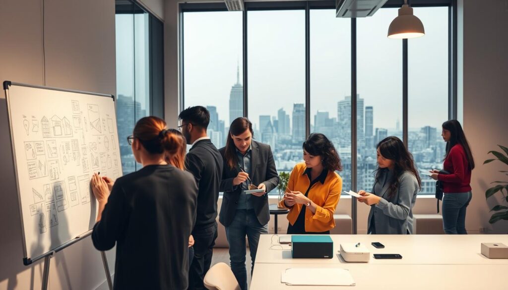 A modern, minimalist workspace with a team of diverse professionals collaborating on product development. In the foreground, a whiteboard displays sketches and diagrams, while designers and engineers review prototypes and discuss ideas. Soft, indirect lighting casts a warm glow, accentuating the clean lines of the furniture and the concentration on the faces of the team members. In the background, a view of a bustling city skyline suggests the dynamic, fast-paced nature of the innovation process. The overall atmosphere conveys a sense of focus, creativity, and the collective effort required to transform concepts into successful products.
