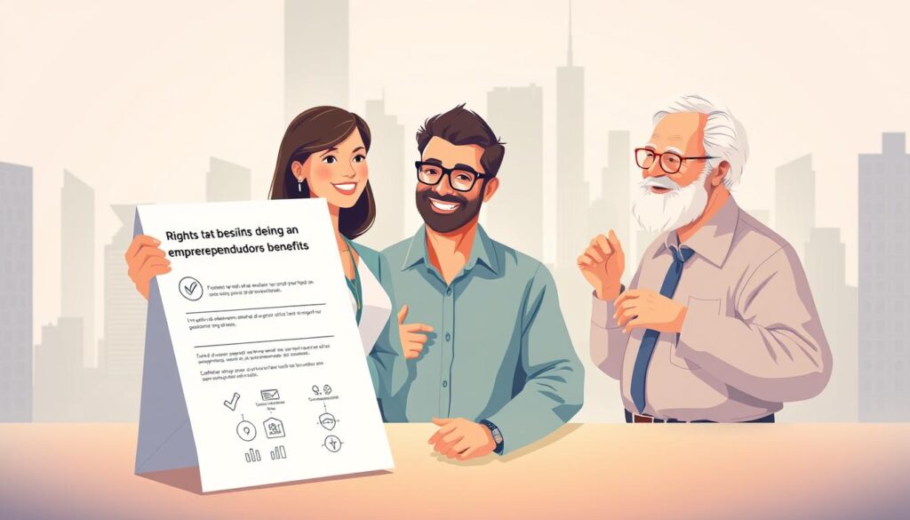 A modern, professional-looking illustration depicting the rights and benefits of being an individual entrepreneur (empreendedor individual) in Brazil. The foreground shows a clean, vector-style graphic of a document or form representing the legal status and benefits, with simple icons and infographic elements. The middle ground features a diverse group of entrepreneurs - a young woman, a middle-aged man, and a senior citizen - all smiling and gesturing as if discussing the subject matter. The background is a soft, gradient-based cityscape with skyscrapers and other urban elements, conveying a sense of professional, business-oriented environment. The lighting is soft and uniform, with a subtle warm tone throughout. The overall mood is positive, informative, and empowering.
