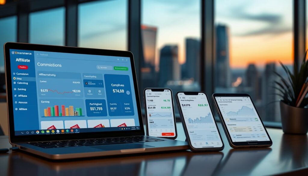 A modern, sleek digital workspace showcasing various affiliate program interfaces. In the foreground, a laptop display depicts an e-commerce site's affiliate dashboard, highlighting commission rates and earnings metrics. In the middle ground, mobile devices display affiliate marketing analytics and campaign performance. The background features a blurred cityscape, conveying the global, online nature of digital affiliate programs. Soft, directional lighting illuminates the scene, creating a professional, technology-driven atmosphere. The overall composition emphasizes the lucrative potential of affiliate marketing in the digital age.