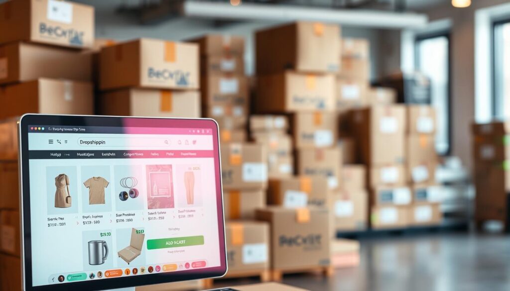 A professional e-commerce storefront against a backdrop of stacked packages and shipping boxes, showcasing the dropshipping business model. In the foreground, an online store interface with product images, prices, and a "Add to Cart" button, illuminated by warm, natural lighting. The middle ground features neatly organized shipment containers, conveying the efficient fulfillment and inventory-free nature of dropshipping. The background depicts a blurred, modern office environment, suggesting the scalability and flexibility of this digital business approach. The overall atmosphere is one of streamlined operations, technological savvy, and the potential for financial success in the e-commerce landscape.