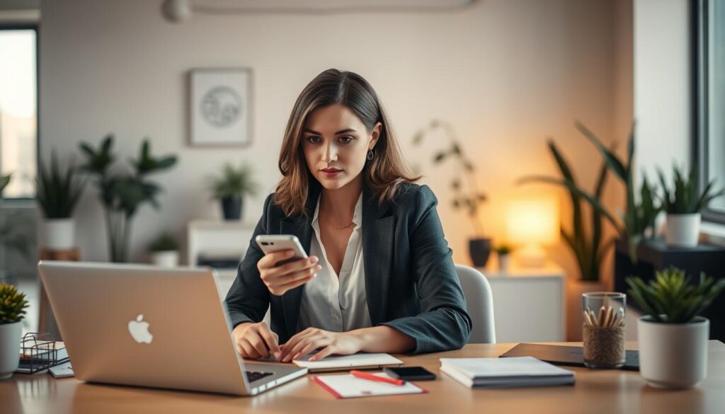 A professional woman in a modern office, working at her desk with a laptop, smartphone, and various office supplies. The scene has a warm, inviting lighting, perhaps from a large window or soft overhead lighting. The woman has a focused, determined expression, symbolizing her dedication to her autonomous career. The background is blurred, emphasizing the woman as the central subject. Subtle design elements, such as minimalist wall art or potted plants, convey a sense of personal branding and self-promotion. The overall atmosphere is one of productivity, professionalism, and the empowerment of the autonomous worker.