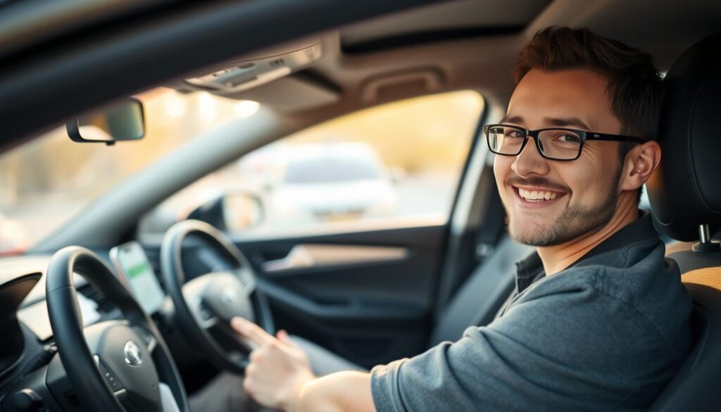 A rideshare driver sitting in a modern, fuel-efficient car, with a friendly expression and attentive posture, ready to transport a passenger to their destination. The car's interior is clean and organized, with a smartphone mounted on the dashboard displaying a ride-hailing app. The driver wears a casual, comfortable outfit suitable for their profession. Warm, natural lighting filters through the car's windows, creating a welcoming atmosphere. The background blurs softly, keeping the focus on the driver and their workspace.