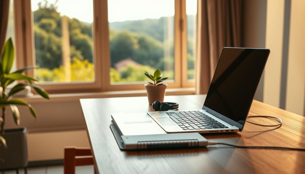 A serene home office scene bathed in warm, natural light. In the foreground, a laptop and notebook on a minimalist wooden desk, symbolizing increased productivity. The middle ground features a potted plant and a pair of headphones, representing focus and balance. The background showcases a large window overlooking a lush, verdant landscape, evoking a sense of tranquility and inspiration. Soft shadows and diffused illumination create a calming atmosphere, encouraging creativity and efficiency. The overall composition conveys the benefits of remote work - enhanced focus, work-life harmony, and connection with nature.