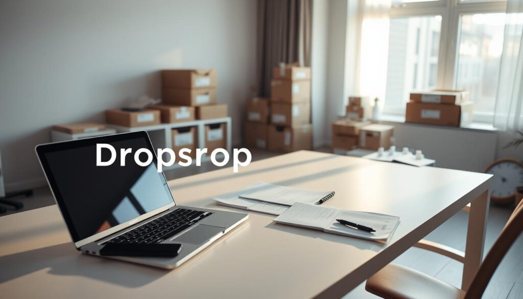 A serene, minimalist home office scene with a laptop, smartphone, and paperwork on a clean, white desk. Warm, diffused lighting from a large window illuminates the space, casting gentle shadows. In the background, neatly stacked boxes and shipping supplies hint at the dropshipping operation. The overall atmosphere conveys a sense of organization, efficiency, and the potential for earning passive income without the burden of physical inventory.