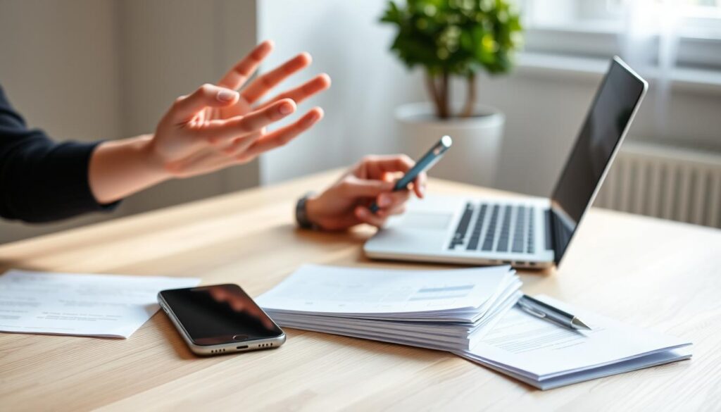 A serene, well-lit interior setting with a laptop, smartphone, and a stack of documents on a minimalist wooden desk. A person's hands are visible, gesturing as they engage in online survey tasks. The lighting is soft and natural, creating a calm, professional atmosphere. The background is slightly blurred, focusing the viewer's attention on the task at hand. The overall mood is one of productivity, efficiency, and the rewarding nature of online research opportunities.