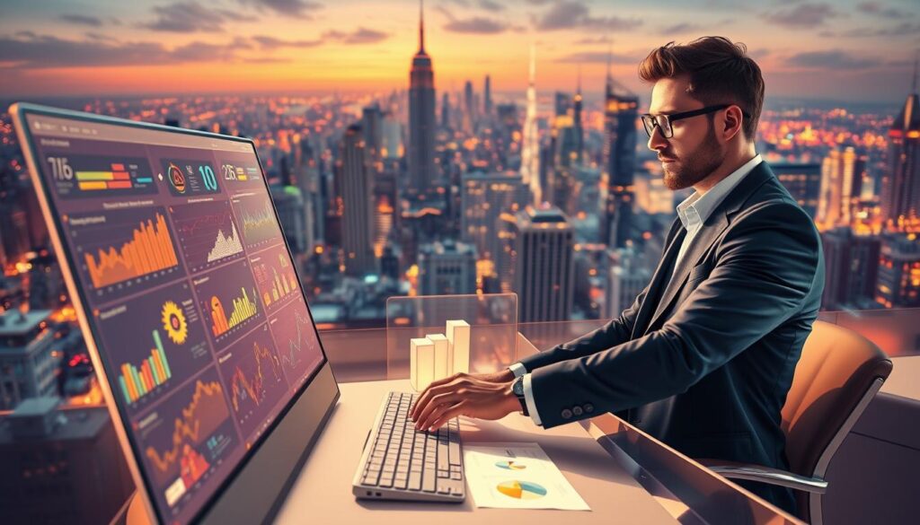 A thriving online sales strategy, depicted through a meticulously crafted digital illustration. In the foreground, a determined entrepreneur navigates a sleek, intuitive e-commerce platform, surrounded by vibrant icons and graphs representing key performance metrics. The middle ground showcases a diverse array of products, elegantly displayed and optimized for maximum appeal. In the background, a dynamic cityscape emerges, symbolizing the boundless potential of the digital marketplace. Illuminated by warm, inviting lighting and captured through a wide-angle lens, the scene conveys a sense of strategic mastery, technological prowess, and unwavering entrepreneurial spirit.