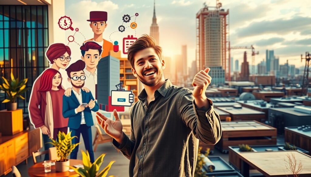 A vibrant and diverse composition depicting various types of entrepreneurship. In the foreground, a young entrepreneur passionately pitching their startup idea, surrounded by a collage of entrepreneurial icons - a savvy investor, a tech-savvy innovator, a social entrepreneur, and a seasoned small business owner. In the middle ground, a bustling co-working space, where collaboration and creativity thrive. In the background, a cityscape with skyscrapers and industrial warehouses, symbolizing the dynamic and ever-evolving entrepreneurial landscape. The scene is bathed in warm, golden lighting, conveying a sense of optimism and opportunity. Captured with a wide-angle lens to emphasize the interconnectedness of the different entrepreneurial paths.