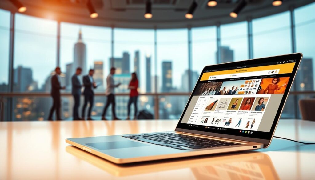 A vibrant and dynamic e-commerce scene, showcasing diverse online sales strategies. In the foreground, a sleek and modern laptop displays a well-designed web store, with eye-catching product images and intuitive user interface. In the middle ground, a team of digital marketers collaborate, analyzing sales data and strategizing targeted campaigns. The background features a cityscape of high-rise buildings, symbolizing the global reach and scalability of online selling. Warm lighting, clean lines, and a sense of productivity create an atmosphere of efficiency and innovation, reflecting the power of effective online sales tactics.