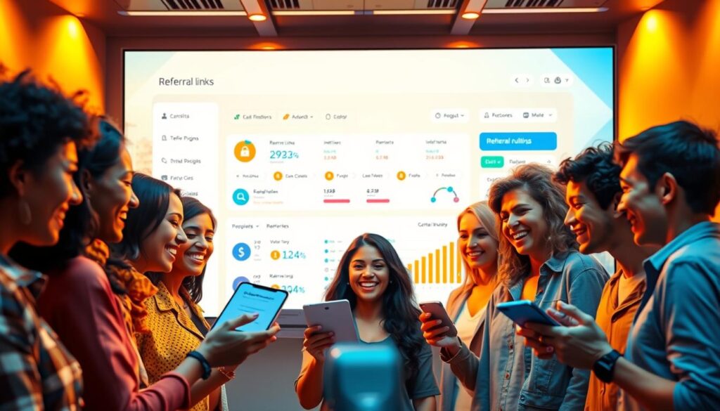 A vibrant and dynamic scene of a referral program interface. In the foreground, a group of diverse individuals exchanging digital invitations and referral links, their faces alight with excitement. The middle ground features a sleek, modern dashboard displaying referral statistics, rewards, and progress bars. In the background, a stylized cityscape or abstract geometric patterns create a futuristic, tech-savvy ambiance. Warm lighting casts a welcoming glow, while a sense of collaboration and shared success permeates the atmosphere. The image conveys the notion of a thriving, user-friendly referral system that encourages social engagement and mutual benefit.