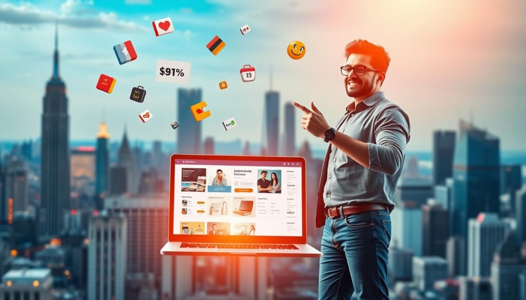 A vibrant and dynamic scene showcasing affiliate marketing. In the foreground, a person standing confidently, holding a smartphone and pointing towards various product icons floating around them. The middle ground features a laptop screen displaying an affiliate platform, with various product thumbnails and statistics. The background depicts a bustling city skyline, symbolizing the global reach and potential of affiliate marketing. The lighting is warm and inviting, creating a sense of opportunity and success. The overall composition conveys the idea of promoting products effectively through an affiliate marketing strategy.