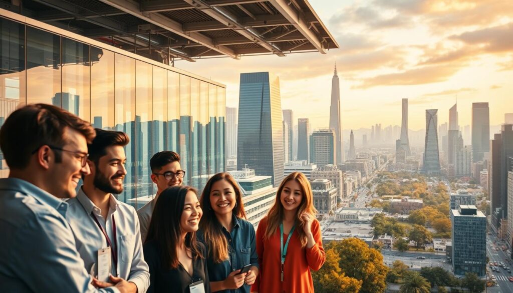 A vibrant, dynamic corporate innovation landscape. In the foreground, a diverse team of entrepreneurs and innovators collaborate, their faces alight with excitement as they bring new ideas to life. The middle ground features sleek, futuristic office spaces and cutting-edge technology, symbolizing the tools and resources that empower corporate innovation. In the background, a cityscape of towering skyscrapers and bustling streets, representing the broader ecosystem that supports and benefits from innovative companies. Warm, golden lighting casts a sense of optimism and progress, while a wide-angle lens captures the scale and interconnectedness of this thriving corporate innovation ecosystem.