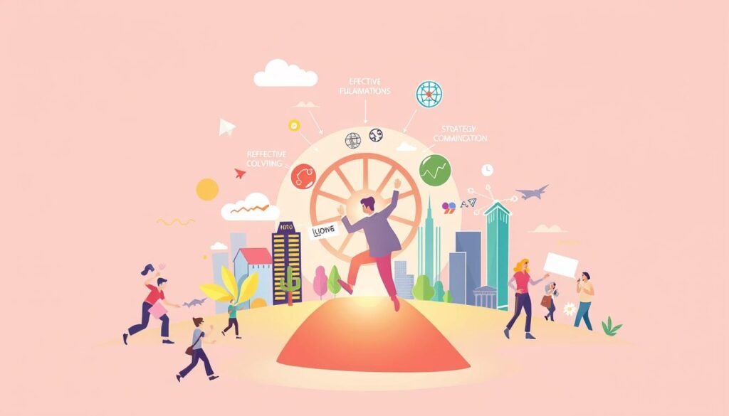 A vibrant illustration of the fundamental elements of entrepreneurship. In the foreground, a dynamic scene depicts the entrepreneurial mindset - determination, creativity, and calculated risk-taking. In the middle ground, key entrepreneurial skills are embodied, such as effective communication, strategic planning, and problem-solving. The background showcases the entrepreneurial ecosystem, including innovation, technological integration, and a supportive community. The composition is illuminated by a warm, natural light, conveying a sense of optimism and opportunity. Rendered in a clean, modern style, the image captures the essence of the entrepreneurial journey.