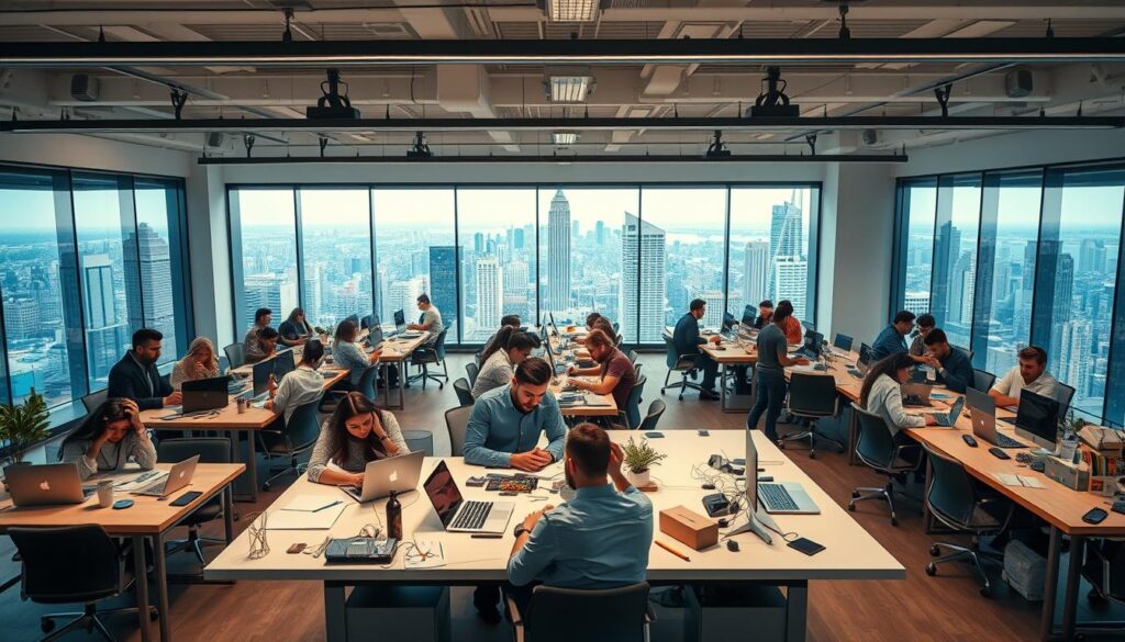 A vibrant startup workspace, brimming with energy and innovation. In the foreground, a diverse team of entrepreneurs collaborating at a sleek, modern desk, surrounded by an array of laptops, whiteboards, and prototypes. The middle ground showcases a maze of workstations, each one a hive of activity, with individuals deep in thought, sketching ideas, and animatedly discussing their ventures. In the background, a wall-sized window offers a panoramic view of a bustling city skyline, symbolizing the boundless possibilities that await these innovative minds. Soft, diffused lighting creates an atmosphere of focus and determination, while the overall composition conveys a sense of the dynamism and hands-on nature of entrepreneurship in practice.