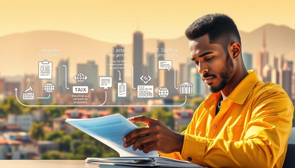 A vibrant, step-by-step illustration showcasing the process of becoming a Microentrepreneur Individual (MEI) in Brazil. In the foreground, a determined entrepreneur carefully fills out official forms, their face etched with concentration. In the middle ground, various icons and graphics representing the key steps - registering a business, obtaining a tax ID, and completing the necessary paperwork. The background features a stylized cityscape, conveying the sense of opportunity and growth inherent in entrepreneurship. Warm, natural lighting illuminates the scene, creating a sense of optimism and progress. The overall composition is clean, well-balanced, and visually engaging, perfectly suited to accompany the "Como se tornar um Microempreendedor Individual" section of the article.