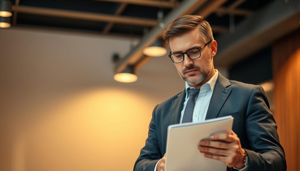 A well-dressed professional businessman standing confidently in a modern office setting, thoughtfully evaluating a portfolio of documents. Warm, soft lighting from overhead casts a subtle glow, highlighting his focused expression as he carefully considers his options. The background is subtly blurred, keeping the attention on the decision-making process. The scene conveys a sense of considered deliberation, as the consultant weighs the relevant factors to provide the best strategic advice.