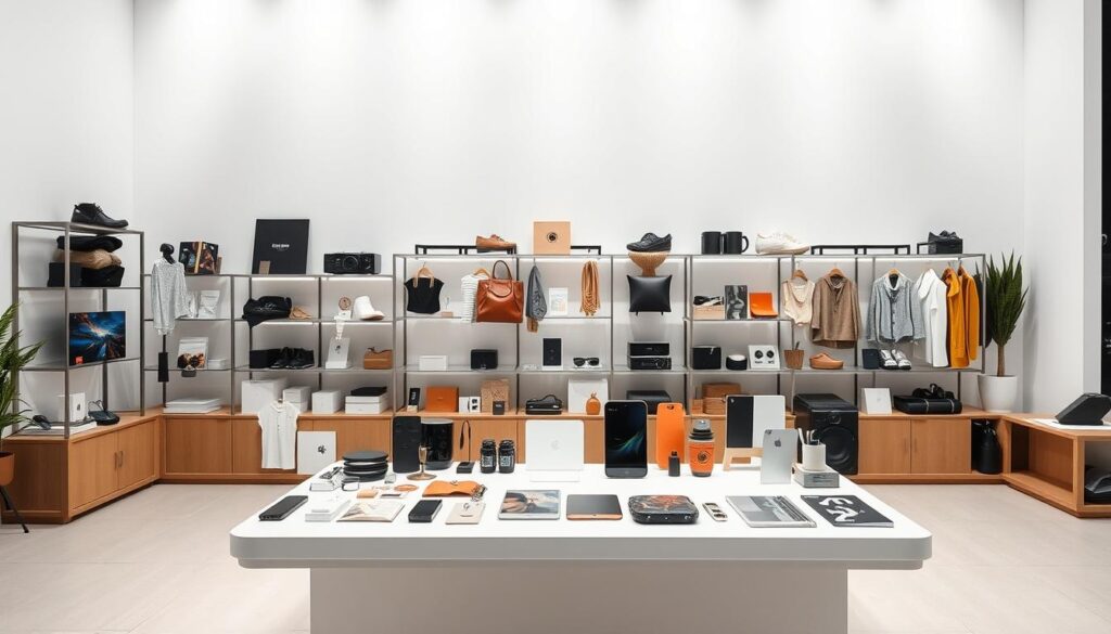 A well-lit e-commerce product display, showcasing a diverse range of merchandise perfect for online sales. In the foreground, a clean and minimalist arrangement of various consumer goods, including electronics, home goods, and fashion accessories. The middle ground features a sleek, modern product table with a smooth, reflective surface, allowing the items to be highlighted with soft, directional lighting. The background has a simple, neutral backdrop, perhaps a studio-style white seamless paper, creating a clean and professional atmosphere. The overall mood is one of elegance, sophistication, and a focus on the high-quality, desirable products ready to be discovered and purchased by online shoppers.